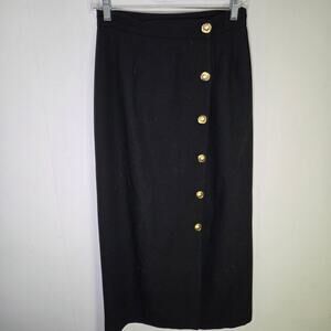 90s Vintage Black Pencil Skirt With Gold Buttons Wool Blend Take Six Size 4